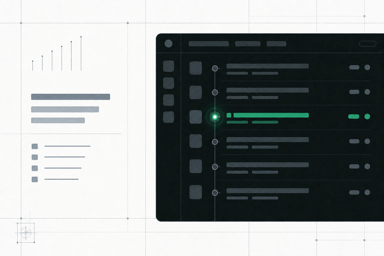 Abstract product-interface illustration for the app activity page of PatternSix